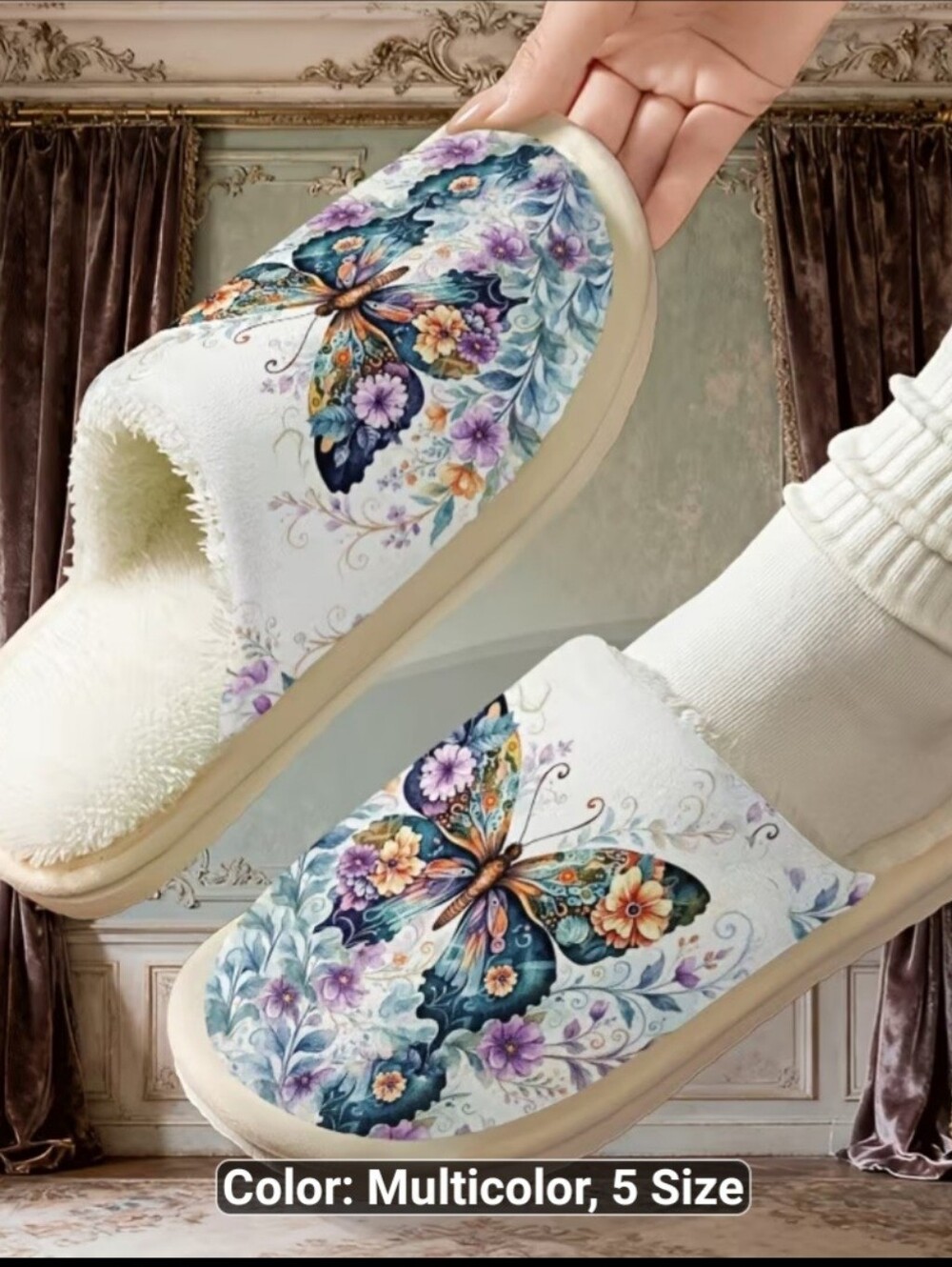 New Cozy Butterfly Floral Slip-On Slippers sz 8.5-9 #1498-570